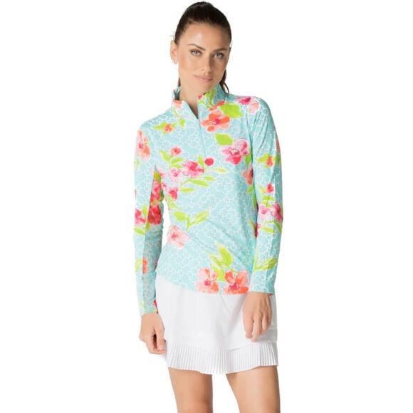 IBKÜL Aqua Blue & Pink Floral Print Quarter Zip Long Sleeve Sun Shirt - Picture 8 of 8